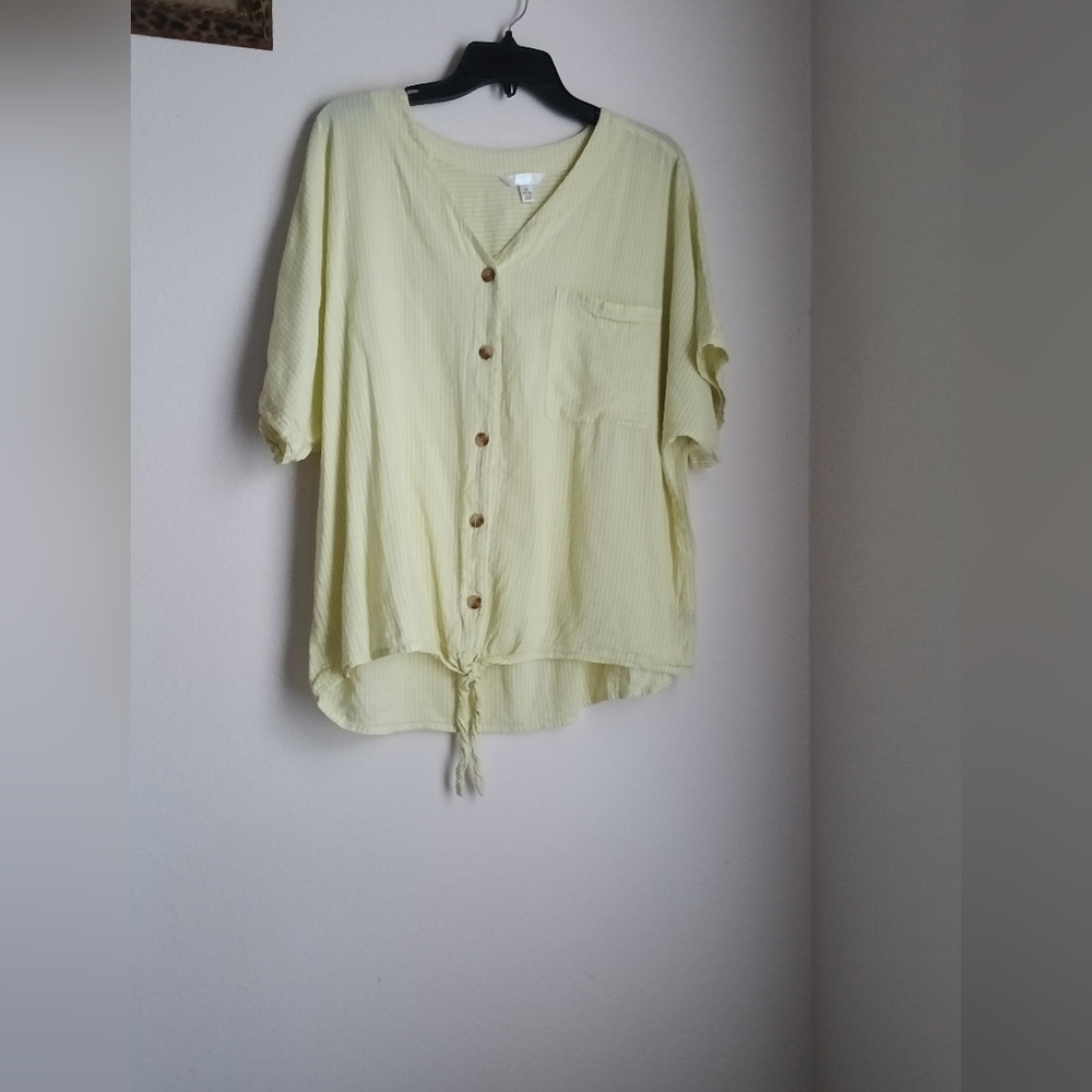 Time and Tru Blouse Women XL Yellow & White Stripes Button-Down Casual Resort